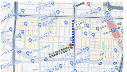 東京都港区西新橋2丁目8-6周辺の地図。内幸町駅から徒歩3分・260mのルートを表示しています。